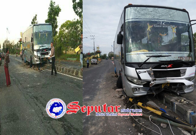 Bus AKDP Tubruk Median Jalan di Sumenep